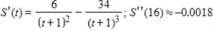 The daily sales S (in thousands of dollars)  that are attributed to an advertising campaign are given by   where t is the number of weeks the campaign runs. Find the rate of change of sales at any time t and use the second derivative to find how this rate is changing at   . Round your answer to four decimal places, when applicable. ​ A)    B)    C)    D)    E)   