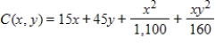 The total cost (in dollars)  of producing 1 unit of a product is given by   , where x represents the cost per pound of raw materials and y represents the hourly rate for labor. The present cost for raw materials is $15 per pound and the present hourly rate for labor is $11. Indicate how to use the cost function C to determine how an increase of $1 per pound for raw materials will affect the total cost. Round your answer to two decimal places. ​ A)    B)    C)    D)    E)   