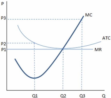 This graph represents the cost and revenue curves of a firm in a perfectly competitive market.   According to the graph shown,if a firm is producing at Q2: A)  profits are being maximized. B)  average total costs are minimized. C)  it is producing at an efficient scale. D)  All of these are true.