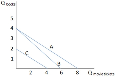   Assume Bill's income to spend on the two goods in the graph shown is $48,and movie tickets cost $8.If Bill's budget constraint is one of the lines in the graph,which one must it be? A) A B) B C) C D) It could be line A or B.