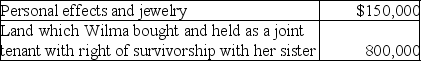 Following are the fair market values of Wilma's assets at her date of death:   The executor of Wilma's estate did not elect the alternate valuation date.The amount includible in Wilma's gross estate is A) $150,000. B) $550,000. C) $800,000. D) $950,000.