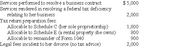 During the current year,Lucy,who has a sole proprietorship,pays legal and accounting fees for the following:     What amount is deductible for AGI?