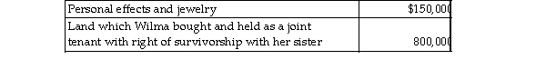 Following are the fair market values of Wilma's assets at her date of death:   The executor of Wilma's estate did not elect the alternate valuation date. The amount includible in W gross estate is A)  $150,000. B)  $800,000. C)  $950,000. D)  $550,000.
