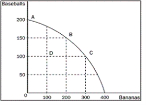 Figure 2-6    -Refer to Figure 2-6. What is the opportunity cost to society of moving from point B to point D? A)  100 bananas and 100 baseballs B)  50 bananas and 50 baseballs C)  100 bananas and 50 baseballs D)  50 bananas and 100 baseballs