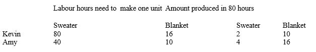 Table 3-3    -Refer to Table 3-3.What does each of the two producers have a comparative or absolute advantage in A) Kevin has an absolute advantage in blankets, and Amy has a comparative advantage in sweaters. B) Kevin has an absolute advantage in both goods, and Amy has a comparative advantage in blankets. C) Kevin has an absolute advantage in sweaters, and Amy has a comparative advantage in sweaters. D) Kevin has an absolute advantage in neither good, and Amy has a comparative advantage in sweaters.