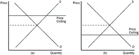 Figure 6-1        -Refer to Figure 6-1.In which panel in the figure shown would there be a shortage for the product A) panel (a)  B) panel (b)  C) panel (c)  D) panel (d) 