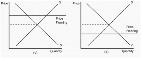 Figure 6-1        -Refer to Figure 6-1.In which panel in the figure shown would there be a shortage for the product A) panel (a)  B) panel (b)  C) panel (c)  D) panel (d) 