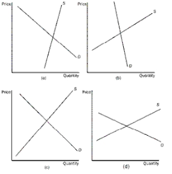 Figure 6-11    -Refer to Figure 6-11.In which markets will the tax be most equally divided between the buyer and the seller A) market (a)  and (b)  B) market (b)  and (c)  C) market (c)  and (d)  D) market (d)  and (a) 