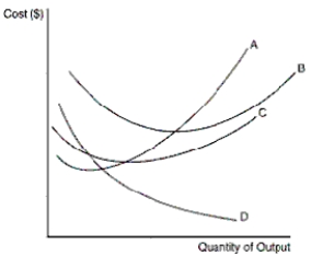 Figure 13-4 The curves in this figure reflect information about the average total cost, average fixed cost, average variable cost, and marginal cost for a firm.    -Refer to Figure 13-4.Which of the curves is most likely to represent average fixed cost A) A B) B C) C D) D