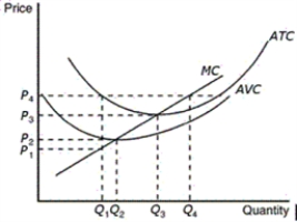 Figure 14-2    -Refer to Figure 14-2.When price falls from P₃ to P₁,which of the following does the firm find A) It should produce Q₁ units of output. B) It should produce Q₃ units of output. C) Fixed cost is higher at a production level of Q₁ than it is at Q₃. D) It is unwilling to produce any output.