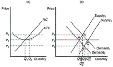 Figure 14-9    -Refer to Figure 14-9.What would likely cause an increase in market supply from Supply0 to Supply1 A) existing firms changing their cost structure B) existing firms in the market increasing their level of production beyond Q₁ C) the entrance of new firms in the market D) existing firms adding new product lines