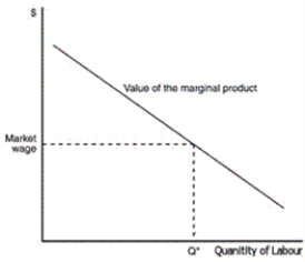 Figure 18-1 The figure represents the value of marginal product for a firm that sells its product in a competitive market.    -Refer to Figure 18-1.The shape of the curve suggests the presence of which of the following A) increased productivity with increased labour B) diminishing returns to scale C) increasing marginal utility D) diminishing marginal product