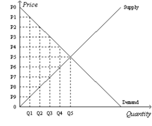 Figure 8-10   -Refer to Figure 8-10. Suppose the government imposes a tax that reduces the quantity sold in the market after the tax to Q2. The price that sellers receive is A) P0. B) P2. C) P5. D) P8.