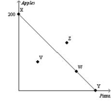 Figure 21-2 The downward-sloping line on the figure represents a consumer's budget constraint.   -Refer to Figure 21-2. Which points are affordable? A) W, X, and Y only B) Z only C) V, W, X, and Y only D) V, W, X, Y, and Z