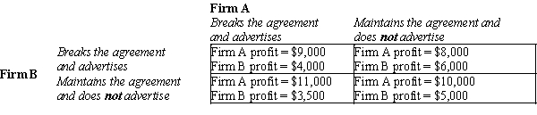 Table 17-23 Two bottled beverage manufacturers (Firm A and Firm B)  determine that they could lower their costs, and thus increase their profits, if they reduced their advertising budgets. But for the plan to work, each firm must agree to refrain from advertising. Each firm believes that advertising works by increasing the demand for the firm's product, but each firm also believes that if neither firm advertises, the costs savings will outweigh the lost sales. Listed in the table below are the individual profits for each firm.   -Refer to Table 17-23. At the Nash equilibrium, how much profit will Firm A earn? A) $8,000 because firm A will maintain the agreement not to advertise, but firm B will break the agreement and choose to advertise. B) $9,000 because each firm will break the agreement and choose to advertise. C) $10,000 because each firm will maintain the agreement and choose not to advertise. D) $11,000 because firm B will maintain the agreement not to advertise, but firm A will break the agreement and choose to advertise.