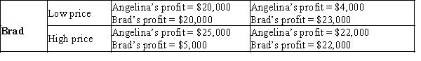 Table 17-32 Suppose that Angelina and Brad own the only two professional photography stores in town. Each must choose between a low price and a high price for senior photo packages. The annual economic profit from each strategy is indicated in the table below: Angelina Low price High price   -Refer to Table 17-32. Is there a Nash equilibrium? If so, describe it.
