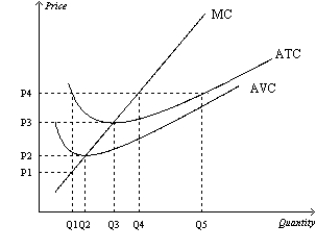 Figure 14-4 Suppose a firm operating in a competitive market has the following cost curves:   -Refer to Figure 14-4. When price falls from P3 to P1, the firm finds that it A) decreases its fixed costs. B) should produce Q1 units of output. C) should produce Q3 units of output. D) should shut down immediately.