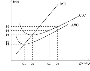 Figure 14-6 Suppose a firm operating in a competitive market has the following cost curves:   -Refer to Figure 14-6. When market price is P3, a profit-maximizing firm's total revenue A) can be represented by the area P3 × Q3. B) can be represented by the area P3 × Q2. C) can be represented by the area (P3-P2)  × Q3. D) is zero.