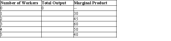 Table 13-1   -Refer to Table 13-1. What is total output when 4 workers are hired? A) -10 B) 50 C) 135 D) 185