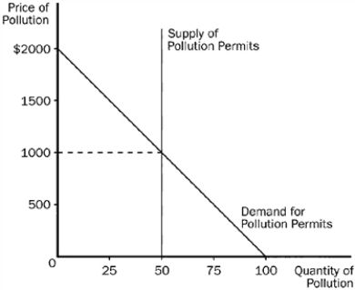 Figure 10-16   -Refer to Figure 10-16. This graph shows the market for pollution when permits are issued to firms and traded in the marketplace. The equilibrium price of pollution is A) $50 B) $500 C) $1,000 D) $2,000