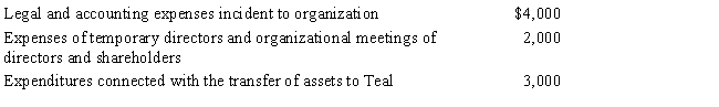 Teal Corporation is incorporated in November 2017. The following formation expenses are incurred in 2017: ​   Except for the legal and accounting expenses which are paid in 2018, all other expenses are paid in 2017. If Teal Corporation uses the cash basis and adopts a calendar year for tax purposes, the amount of organizational expenditures it can elect to expense for 2017 is: A) $2,000. B) $5,000. C) $6,000. D) $9,000. E) None of the above.