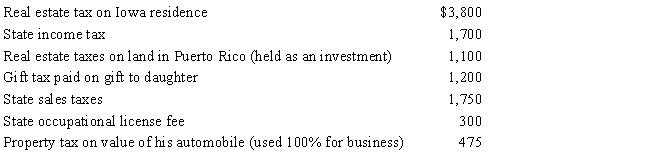 Hugh, a self-employed individual, paid the following amounts during the year: ​   What is the maximum amount Hugh can claim as taxes in itemizing deductions from AGI? A) $6,600 B) $6,650 C) $7,850 D) $8,625 E) None of the above