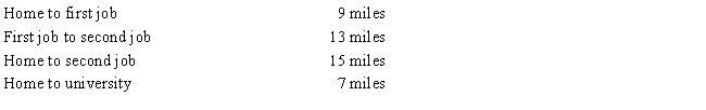 Meredith holds two jobs and attends graduate school on weekends. The education improves her skills, but does not qualify her for a new trade of business. Before going to the second job, she returns home for dinner. Relevant mileage is as follows: ​    How much of the mileage qualifies for deduction purposes?