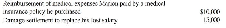 Early in the year, Marion was in an automobile accident during the course of his employment. As a result of the physical injuries he sustained, he received the following payments during the year:   What is the amount that Marion must include in gross income for the current year? A)  $25,000. B)  $15,000. C)  $12,500. D)  $10,000. E)  $0.