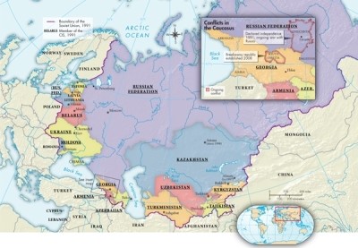 On Map 30.1: Russia and the Successor States, 1991-2015, including the inset map, which area declared its independence in 1991 and fought with the Russian Republic to try to maintain independence?   A) Latvia B) Georgia C) Chechnya D) South Ossetia