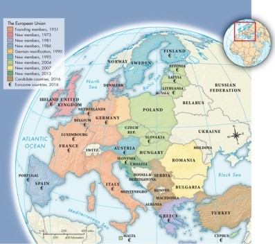 As shown on Map 30.3: The European Union, 2016, which states are the original members?   A) Ireland, United Kingdom, and Denmark B) France, Italy, Germany, Luxembourg, Belgium, and the Netherlands C) Spain, Portugal, Austria, Sweden, and Finland D) Norway, Denmark, Germany, Switzerland, Austria, and Italy.