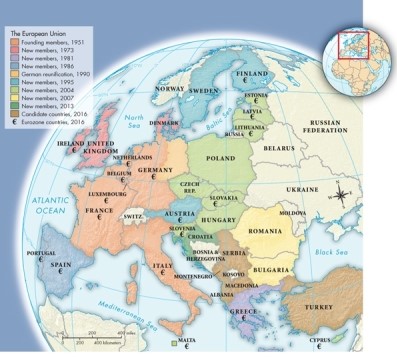 As shown on Map 30.3: The European Union, 2016, which new members joined in 2007?   A) Romania and Bulgaria B) Austria and Sweden C) Portugal and Spain D) Slovenia and Hungary
