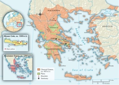 According to Map 3.1: Classical Greece, 500-338 B.C.E., which city-state's location helped it to dominate commerce and trade by sea?   A) Sparta B) Thebes C) Athens D) Macedonia