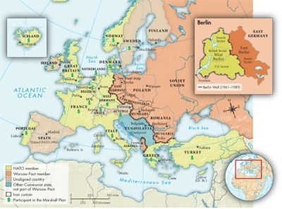 On Map 28.2: Cold War Europe in the 1950s, the  iron curtain  forms the western boundary of which countries?   A) Poland, Czechoslovakia, Hungary, Romania, and Bulgaria B) Yugoslavia, Hungary, Romania, Bulgaria, and Greece C) East Germany, Czechoslovakia, Hungary, Romania, and Bulgaria D) East Germany, Poland, Hungary, Romania, and Bulgaria