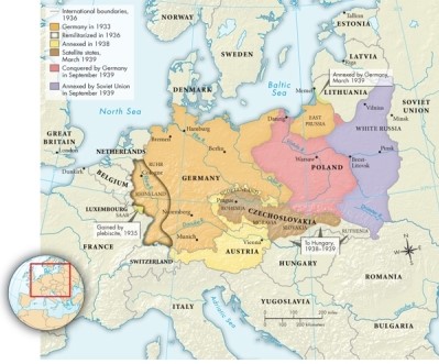 <strong>According to Map 27.2: The Growth of Nazi Germany, 1933-1939, by the end of 1938, Nazi diplomatic activities had changed the status of or added to Germany which of the following areas? </strong> A)Poland and Czechoslovakia B)Austria, the Sudetenland, and Hungary C)The Rhineland, the Sudetenland, and Austria D)The Rhineland, Czechoslovakia, and Poland