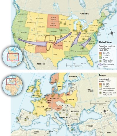 According to Map 26.1: The Great Depression in the United States and Europe, 1929-1939, which American states contain the highest percentage of population receiving unemployment relief?   A) Washington, Oregon, Nevada, and California B) Colorado, Kansas, and Texas C) North Dakota, South Dakota, Oklahoma, and New Mexico D) Michigan, Ohio, and Indiana