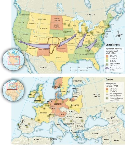 Using Map 26.1: The Great Depression in the United States and Europe, 1929-1939, explain the relationship between unemployment and rioting.   A) Countries with moderate unemployment experienced more strikes and riots. B) Countries with high unemployment experienced more strikes and riots. C) Strikes and riots occurred in every European country and American state with high unemployment. D) Strikes and riots did not occur in states with low unemployment.