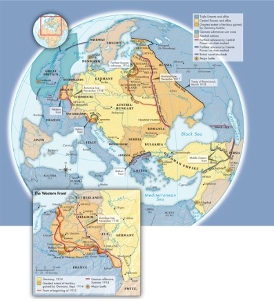 Which European nations were neutral in World War I according to Map 25.3: World War I in Europe and the Middle East, 1914-1918? A) Spain, Italy, Greece, Switzerland, Serbia, and Denmark B) Spain, France, Belgium, the Netherlands, Denmark, and Norway C) Italy, Switzerland, Greece, Bulgaria, Sweden, and Norway D) Spain, the Netherlands, Denmark, Norway, Sweden, and Switzerland