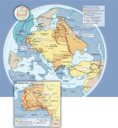 Which nations made up the Central Powers and allies according to Map 25.3: World War I in Europe and the Middle East, 1914-1918?   A) Germany, Luxembourg, Switzerland, and Austria-Hungary B) Denmark, Germany, Serbia, and Bulgaria C) Italy, Bulgaria, Austria-Hungary, and the Ottoman Empire D) Germany, Austria-Hungary, Bulgaria, and the Ottoman Empire