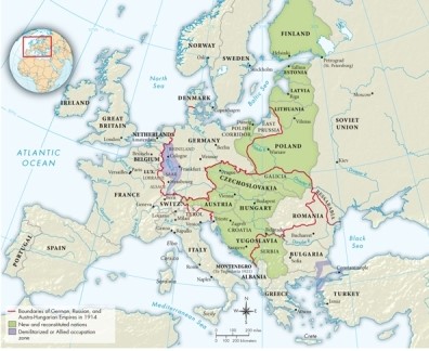 According to Map 25.4: Territorial Changes After World War I, which new states were once part of the Russian Empire?   A) Czechoslovakia, Austria, Hungary, and Yugoslavia B) Albania, Greece, Bulgaria, and Romania C) Turkey, Romania, Finland, and Poland D) Finland, Estonia, Latvia, Lithuania, and Poland