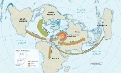 According to Map 24.1: European Investment to 1914, which areas appear to be receiving the bulk of French and German investments?   A) Africa B) Asia C) The United States and Canada D) European countries, including Russia