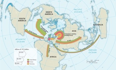 According to Map 24.1: European Investment to 1914, which areas appear to be receiving the largest amount of British investments?   A) Latin America B) The United States and Canada C) Africa D) Australia and New Zealand