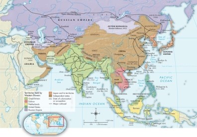According to Map 24.3: Asia in 1914, which Western power had the latest date of colonization in Asia?   A) The Russian Empire B) The Japanese Empire C) The United States D) Great Britain