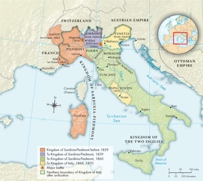 According to Map 23.1: The Unification of Italy, 1859-1870, which areas did Italy gain in 1866?   A) Venetia and Lombardy B) Savoy and Nice C) The Kingdom of the Two Sicilies and the Papal States D) Venetia and the Papal States
