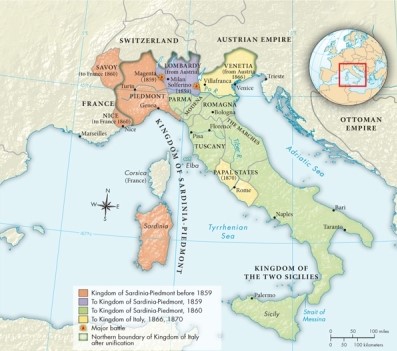According to Map 23.1: The Unification of Italy, 1859-1870, what areas did Sardinia-Piedmont lose in 1860?   A) Savoy and Nice B) Sicily, Tuscany, and Romagna C) Venetia D) Lombardy