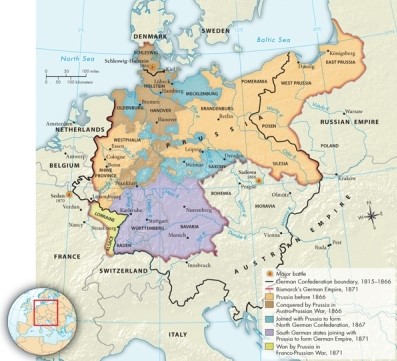 Based on Map 23.2: The Unification of Germany, 1864-1871, which German states did not become part of the North German Confederation in 1867?   A) Schleswig, Holstein, and Hanover B) Baden, Württemberg, and Bavaria C) Alsace, Lorraine, and Saxony D) Saxony, Oldenburg, and Mecklenburg