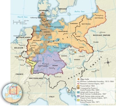 Based on Map 23.2: The Unification of Germany, 1864-1871, which new areas were added to the German Empire in 1871?   A) Schleswig and Holstein B) Alsace and Lorraine C) Saxony and Mecklenburg D) Bavaria and Baden