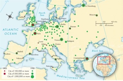 Which cities on Map 22.1: European Cities of 100,000 or More, 1800-1900 contained one million or more people in 1900?   A) Madrid, London, Paris, Berlin, Vienna, and Moscow B) Lisbon, Paris, Amsterdam, Copenhagen, Berlin, and Constantinople C) Rome, Constantinople, Warsaw, Vienna, St. Petersburg, and Copenhagen D) London, Paris, Berlin, Vienna, St. Petersburg, and Constantinople