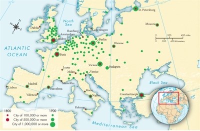 On Map 22.1: European Cities of 100,000 or More, 1800-1900, which cities had the largest increase in population growth between 1800 and 1900?   A) Berlin, St. Petersburg, and Vienna B) London, Paris, and Constantinople C) Moscow, Naples, Barcelona, and Madrid D) London and Paris