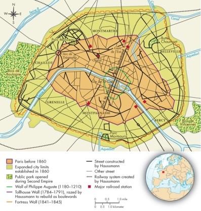 On Map 22.2: The Modernization of Paris, ca. 1850-1870, what formed the boundary of Paris before 1860? A) The Wall of Philippe August B) The Tollhouse Wall C) The Fortress Wall D) The Boulevard Saint-Michel