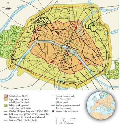 The Boulevard Saint-Michel, shown on Map 22.2: The Modernization of Paris, ca. 1850-1870, was one of Baron Haussmann's most controversial projects because its construction   A) required the razing of much of Paris's medieval core. B) took land that had been set aside for the Bois de Boulogne. C) meant moving the Arc de Triomphe. D) meant destroying the Fortress Wall (1841-1845) .